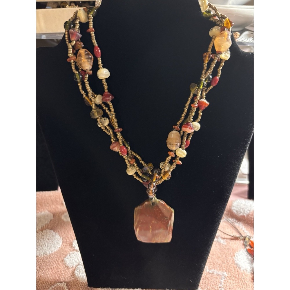 Vintage Amber & Polished Stone Necklace boho festival layering natural